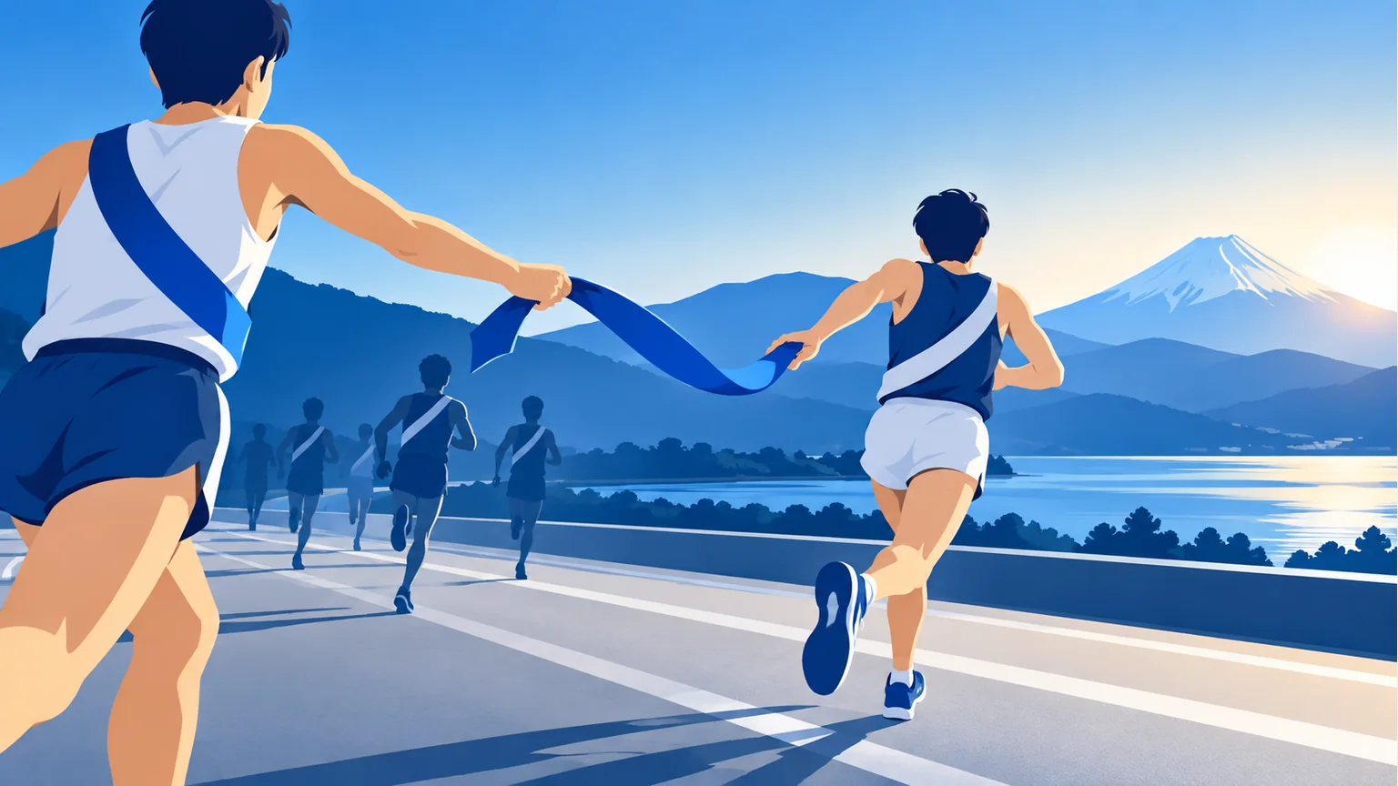 青い山と湖を背景に、非特定の走者と青いたすきを描いた駅伝の概念イラスト