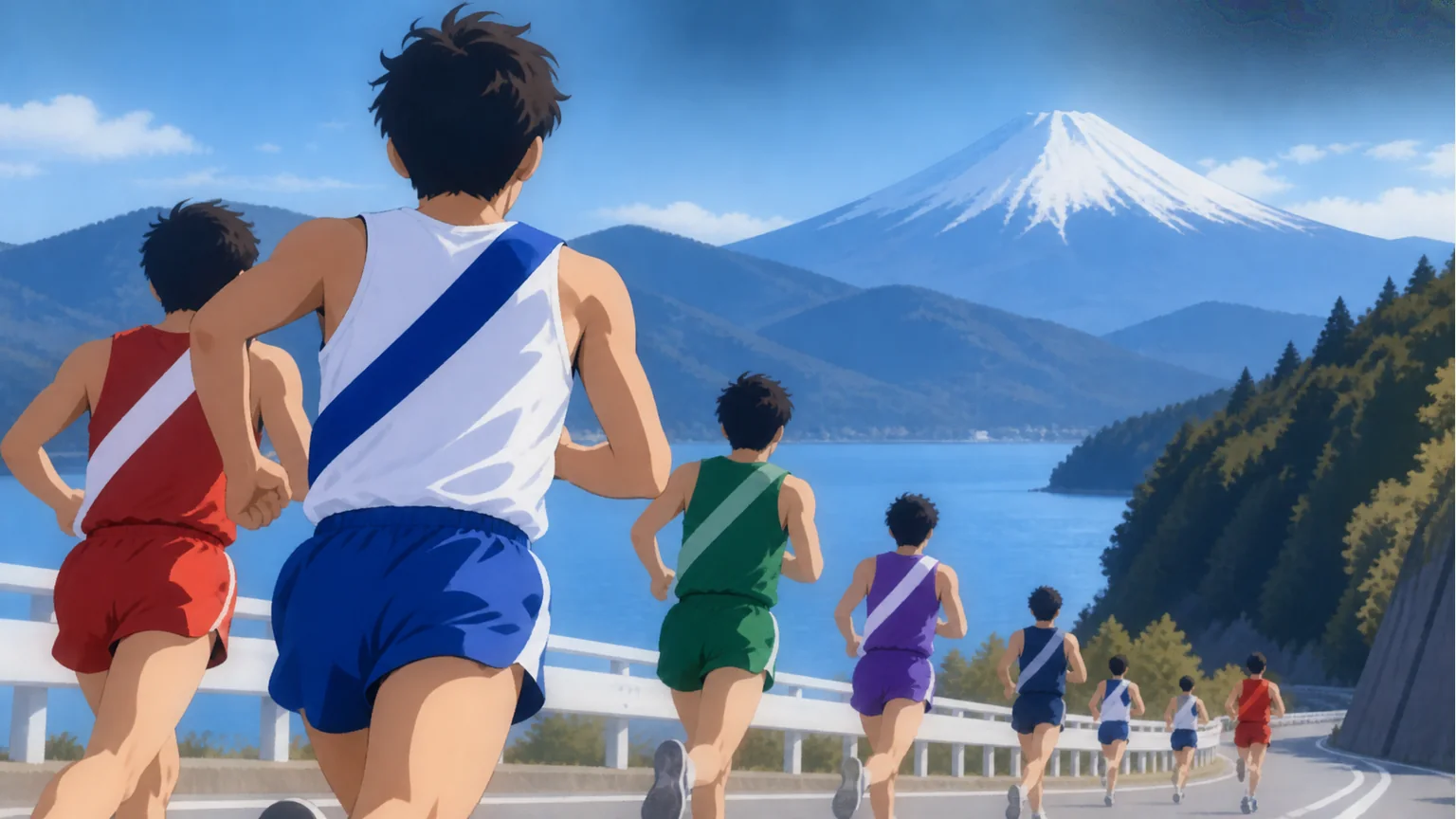 たすきを掛けた駅伝走者が湖と山の風景を背に走るイラスト