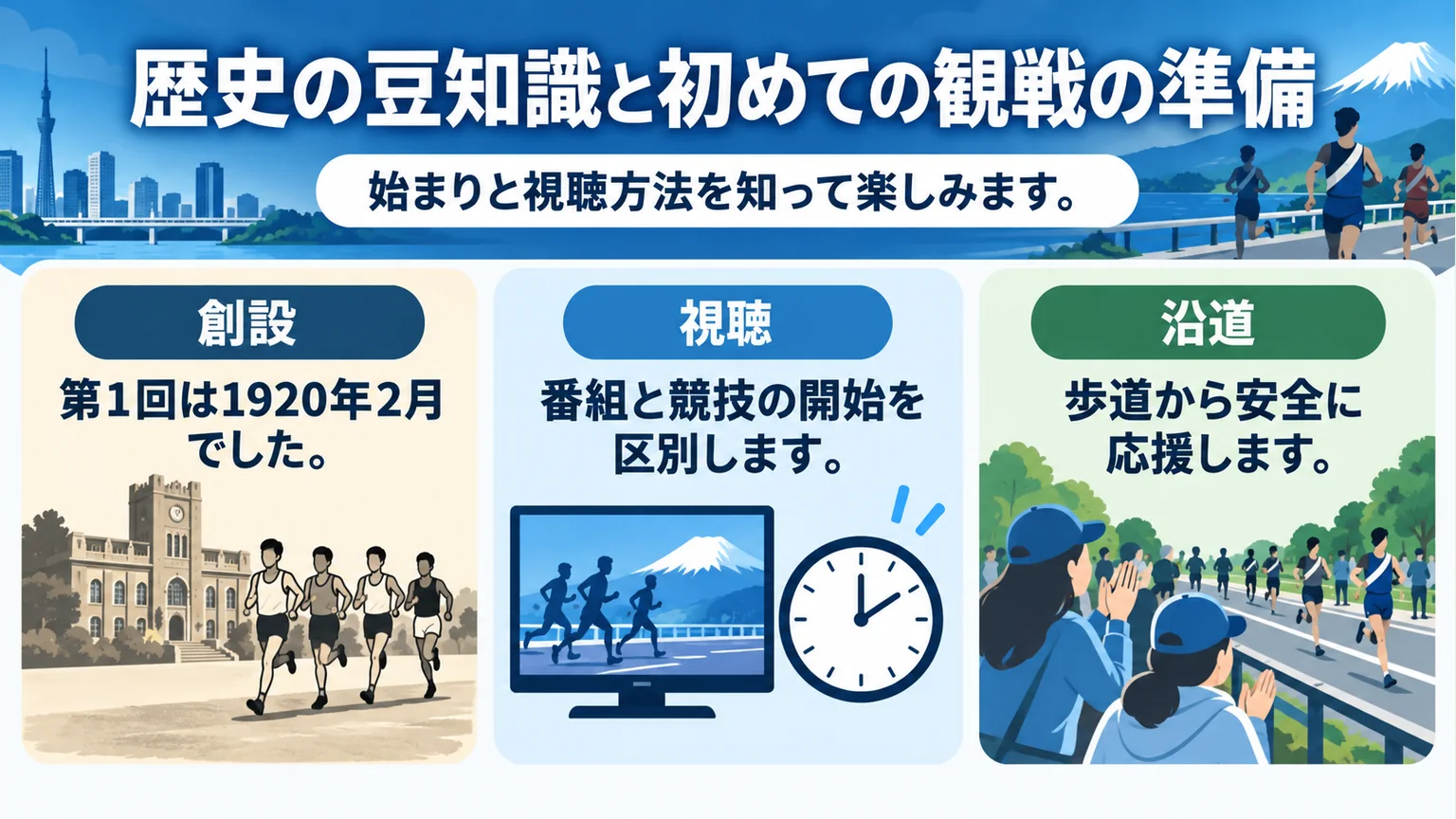 1920年2月の創設、観戦時刻の確認、歩道からの応援を示す図解