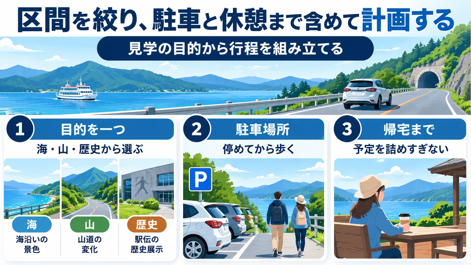 目的・駐車・帰路から行程を決める図解