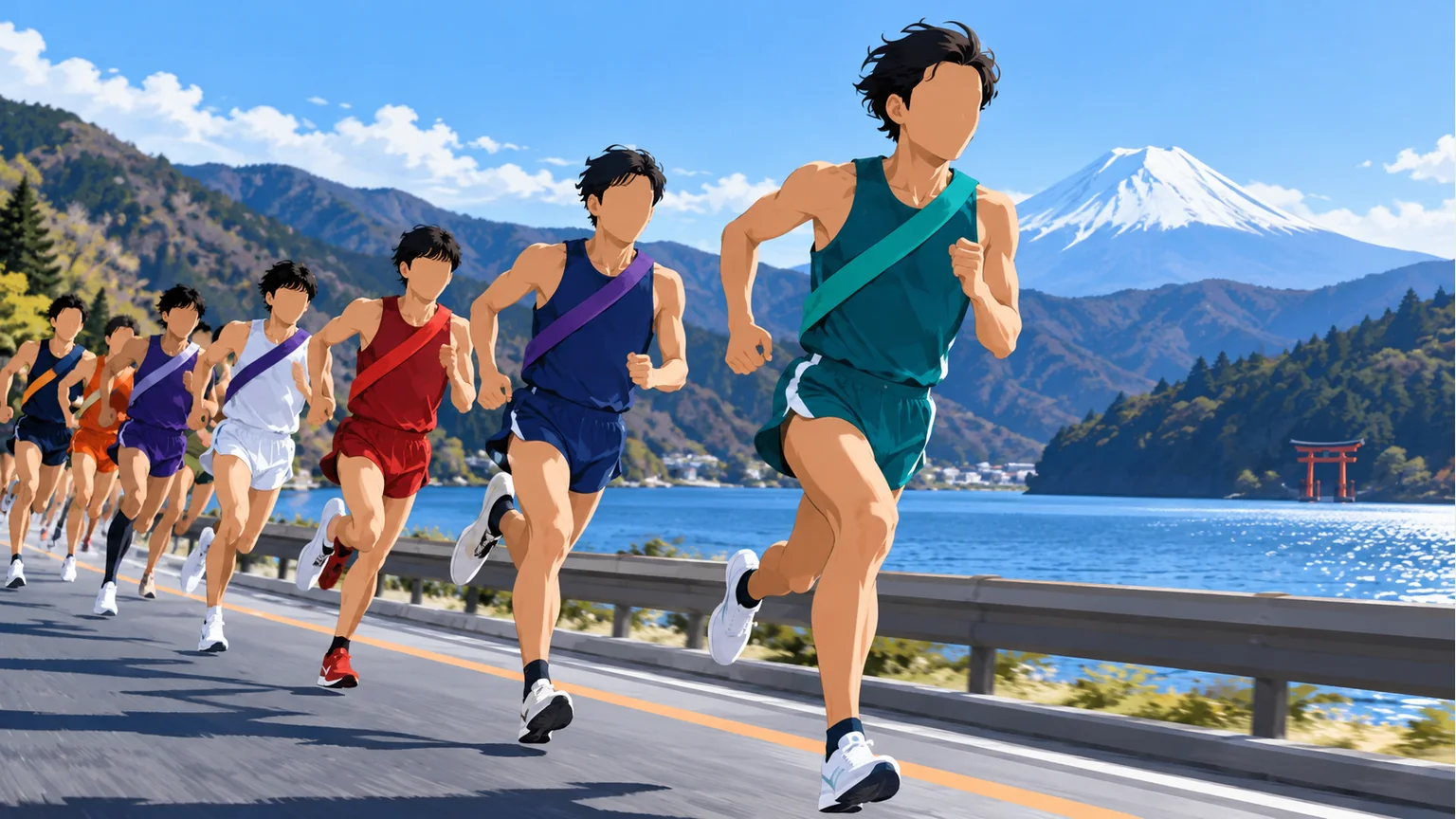 湖と山を背景に競う匿名の駅伝選手たちのイラスト
