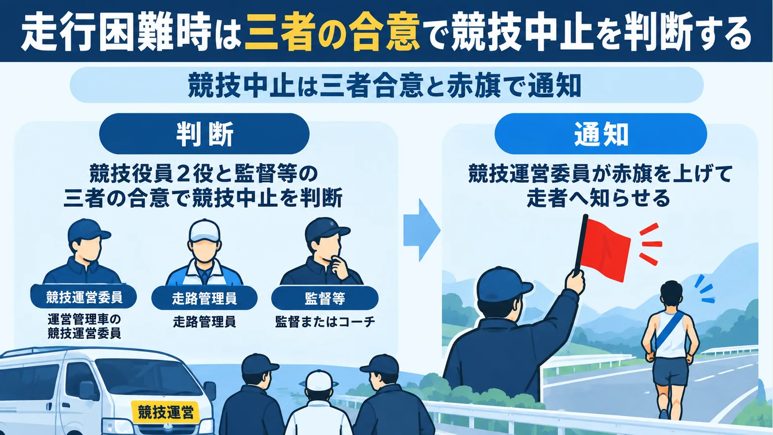 走行困難時に三者が合意して競技中止を判断する流れを示す図
