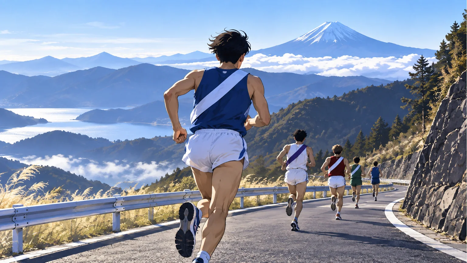 湖と山並みを背景に、襷を掛けたランナーが山道を走るイラスト