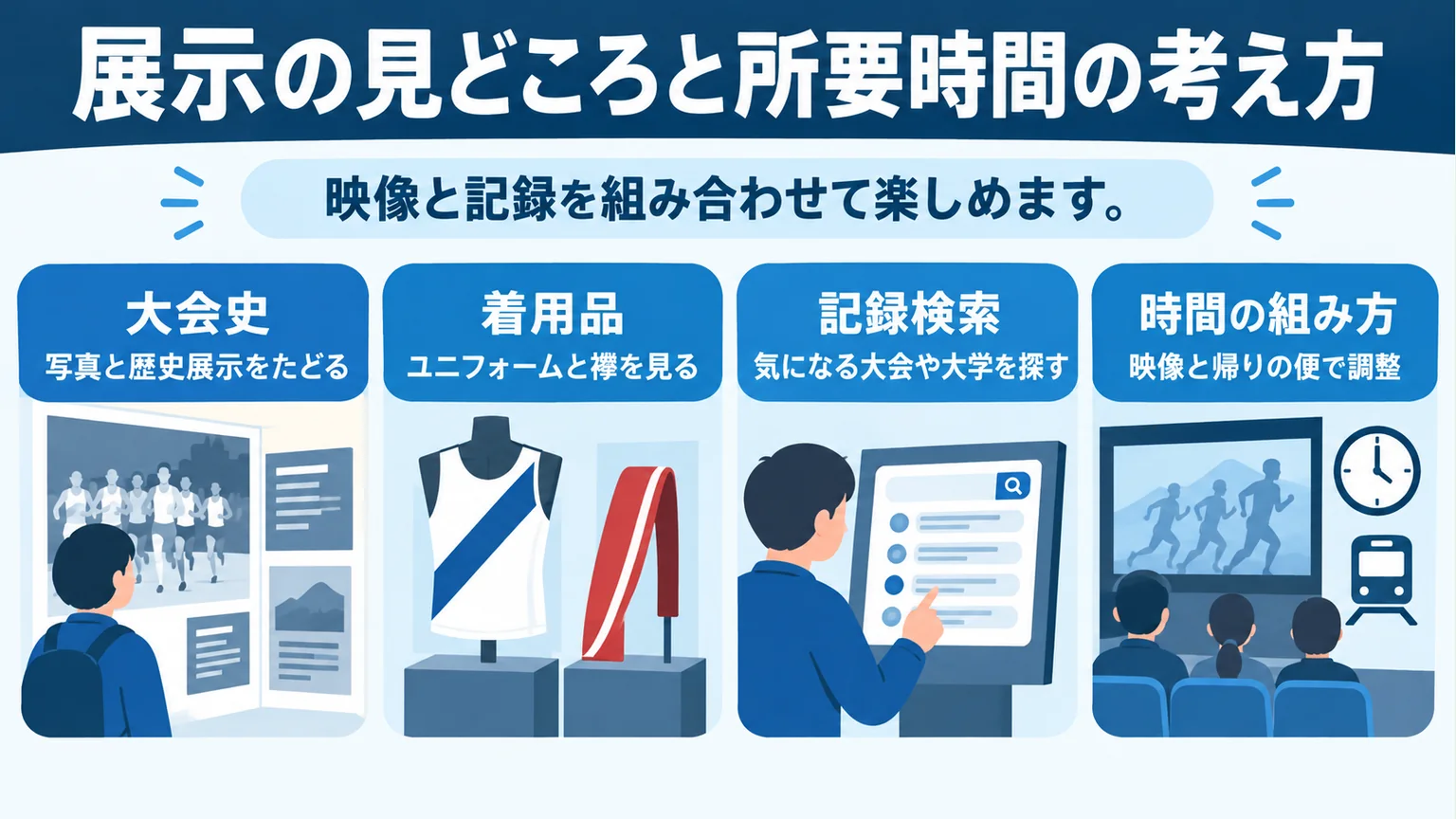 大会史、ユニフォームと襷、記録検索、映像と帰りの便を組み合わせる展示の見どころ図解