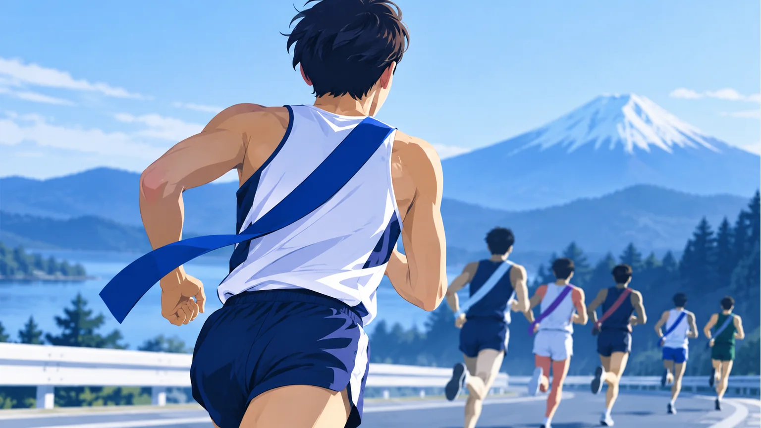 青い襷の匿名走者の後ろ姿と山・湖を描いたイラスト。文字やロゴはなく、特定人物や精密地図を示さない。