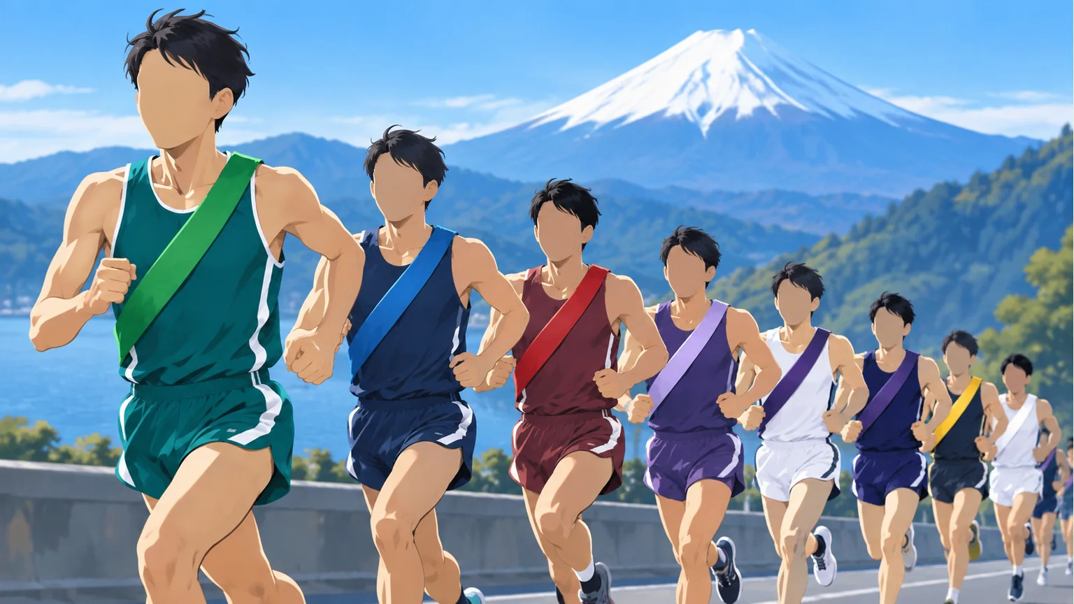 緑や青、赤、紫などの襷を掛けたランナーが並ぶイラスト