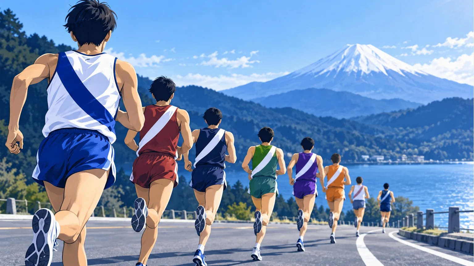 山と湖を背景に襷を掛けて走るランナーのイメージイラスト
