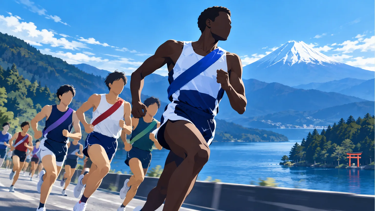 湖と山を背景に青い襷を掛けて走る匿名の駅伝走者のイラスト
