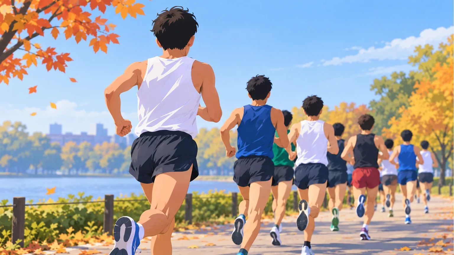 たすきを着けない匿名ランナーが秋の公園脇を走る概念イラスト