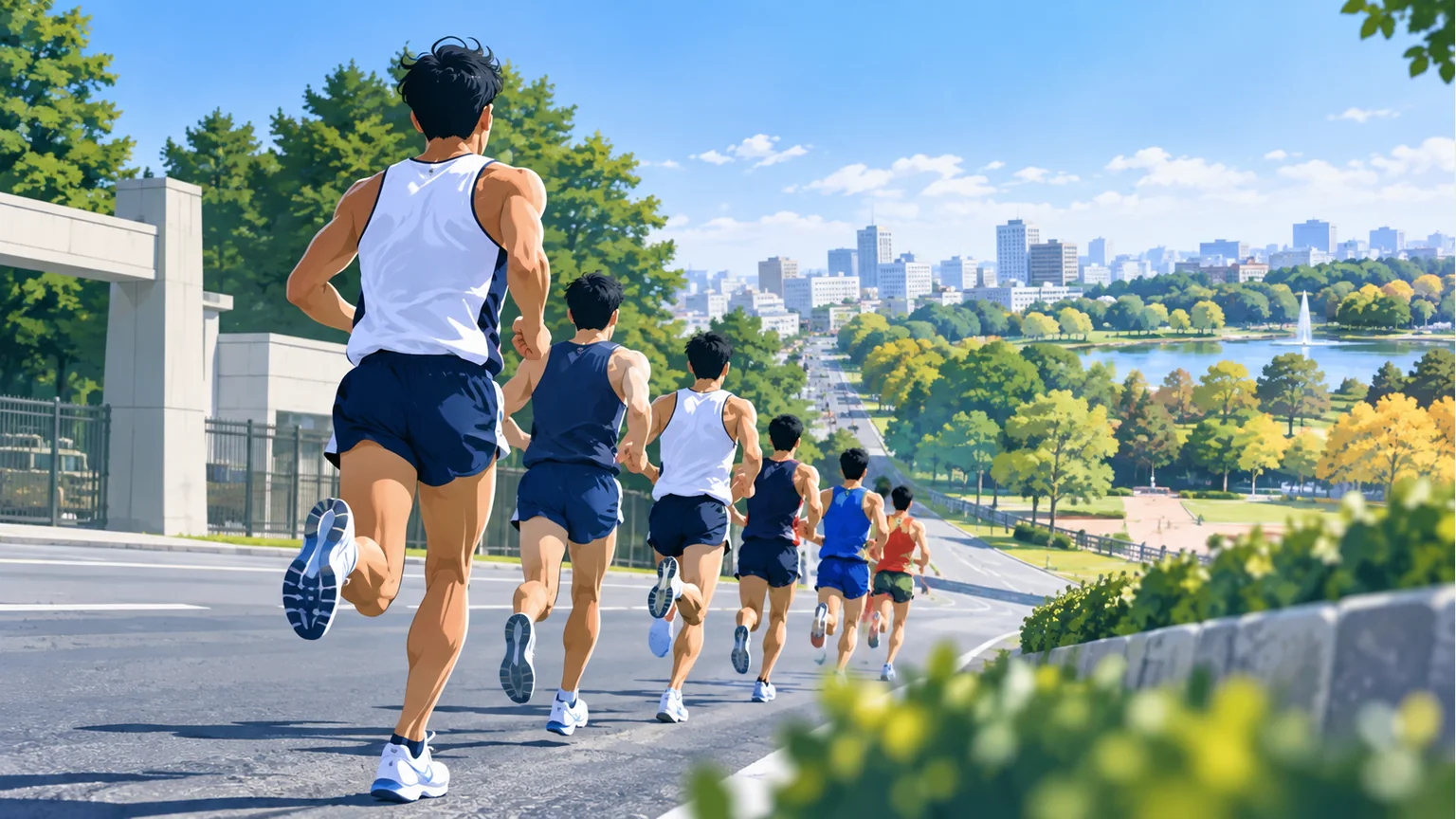 市街地と公園の概念的な道を走る、たすきのない匿名ランナーのイラスト