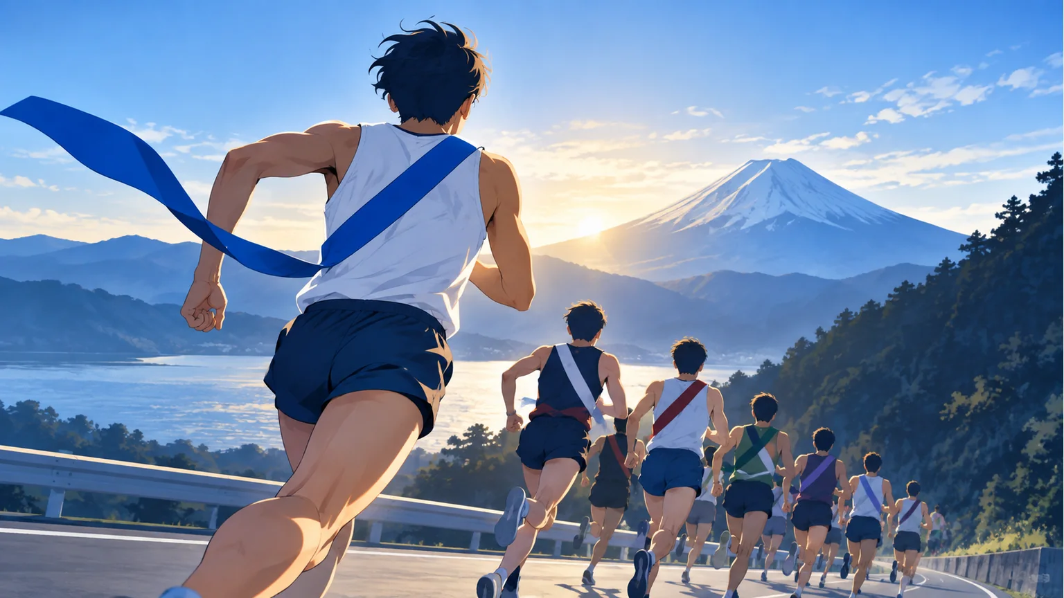 朝の湖と山を背景に、非特定のたすきを掛けたランナーたちが走るイラスト