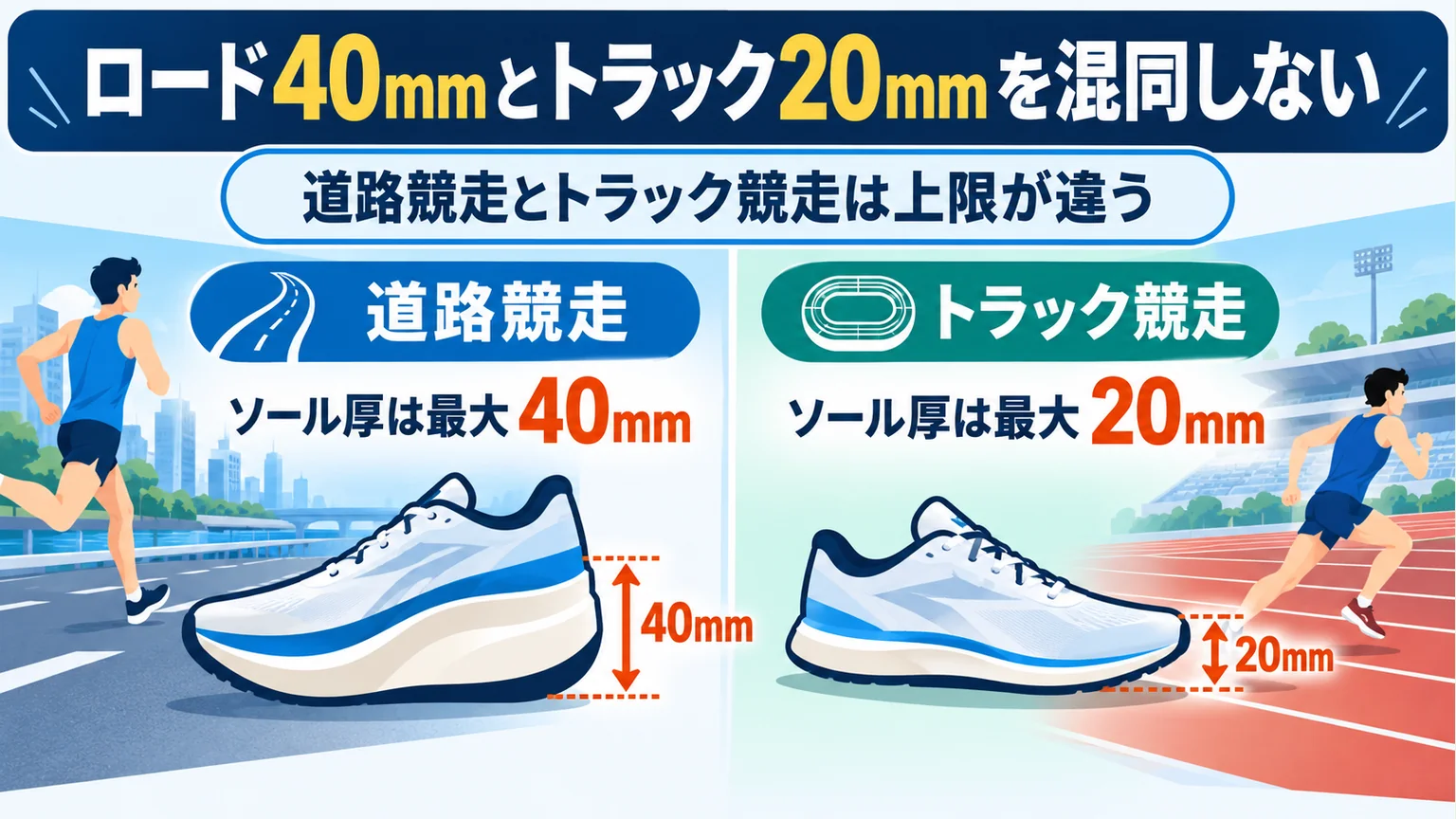 道路競走40mmとトラック競走20mmの厚さ上限の比較