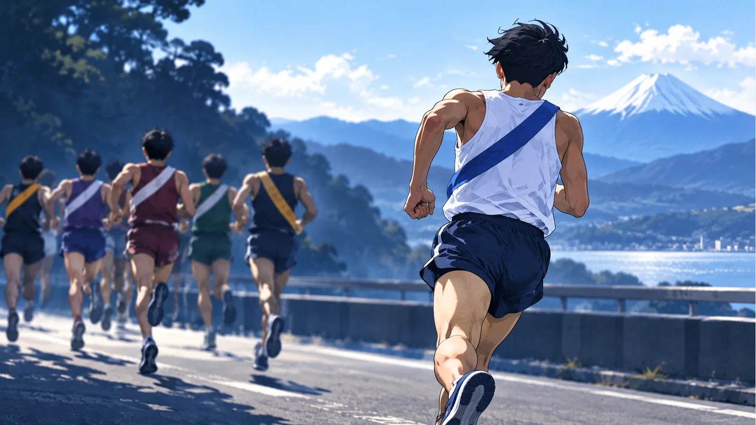 湖と山を背景に走る襷を掛けた匿名ランナーのイラスト
