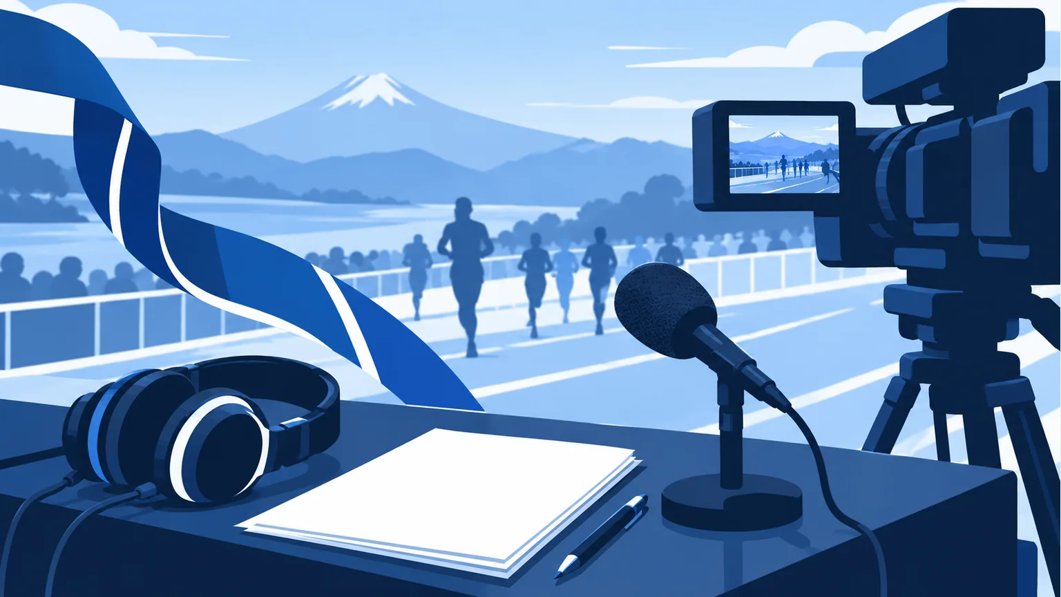 予選会の解説を表すマイクとテレビ撮影機材のイラスト
