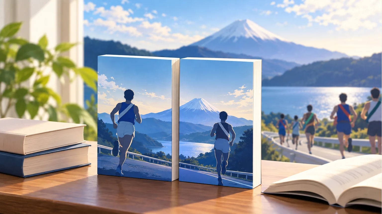 文庫上下巻と読書をイメージした本と走路のイラスト